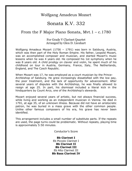 Sonata K.V. 332 (Clarinets) (arr. Glen D. Lienhart)
