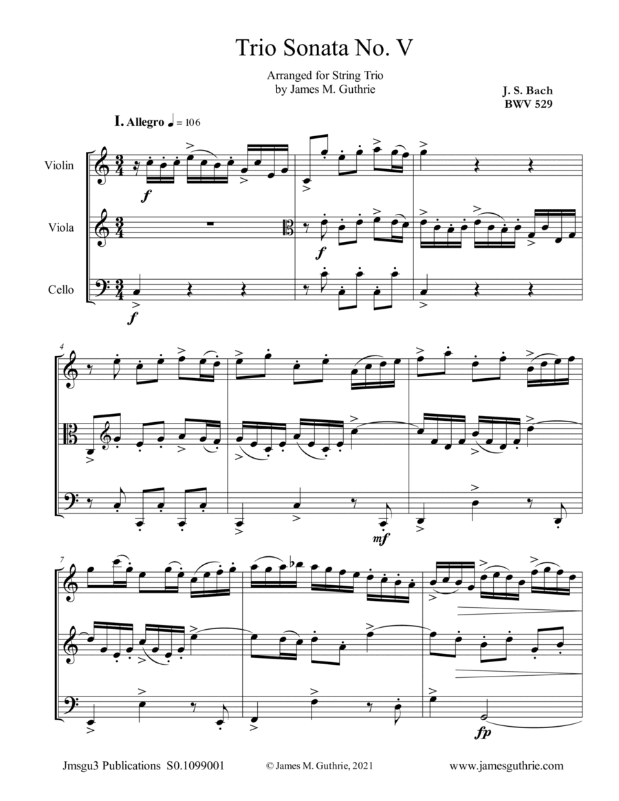 BACH: Trio Sonata No. 5 BWV 529 for String Trio (arr. James M. Guthrie)