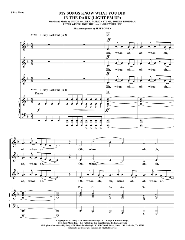 My Songs Know What You Did In The Dark (light Em Up) (arr. Jeffrey Bowen)