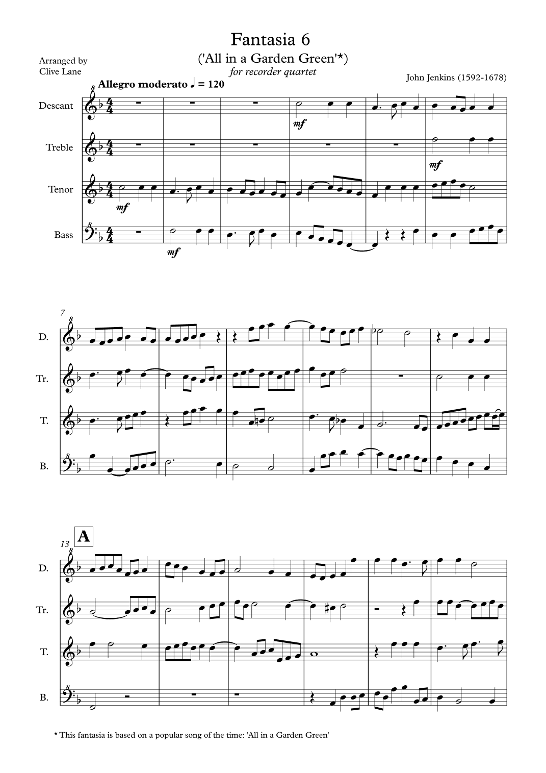Jenkins Fantasia 6 ('All in a Garden Green') for recorder quartet (arr. Clive Lane)