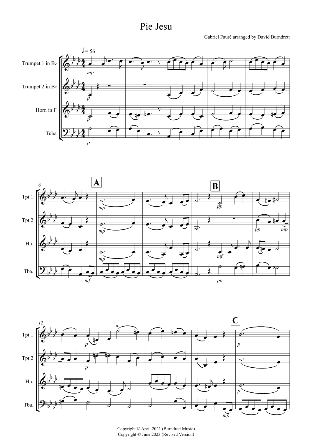 Pie Jesu (from Requiem) for Brass Quartet (arr. David Burndrett)