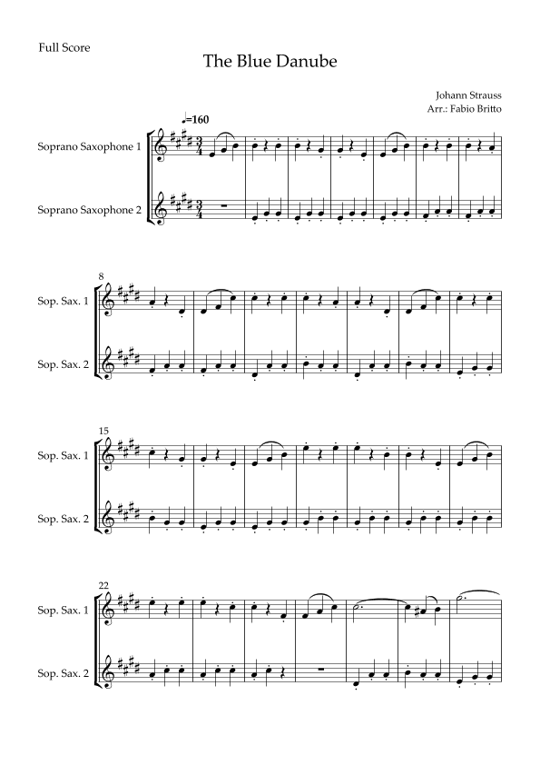The Blue Danube (Waltz by Johann Strauss) for Soprano Saxophone Duo (arr. Fabio Britto)