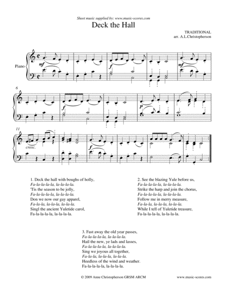Deck the Hall with Boughs of Holly - Voice and Piano (arr. Anne L Christopherson GRSM ARCM)