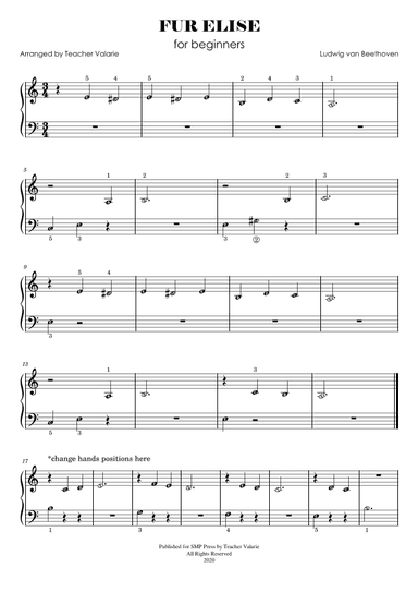 Fur Elise (short, for beginners - with note names, finger numbers) (arr. Teacher Valarie)