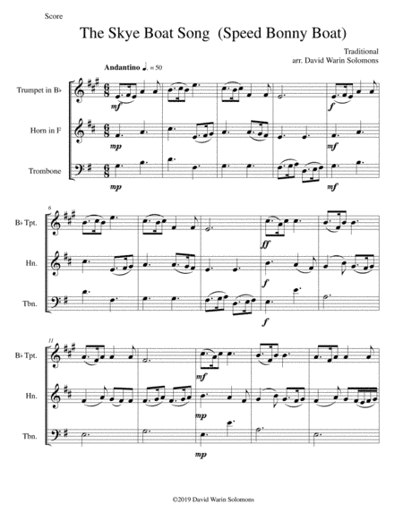 The Skye boat song (Speed bonny boat) for brass trio (trumpet, horn, trombone) (arr. David Warin Solomons)