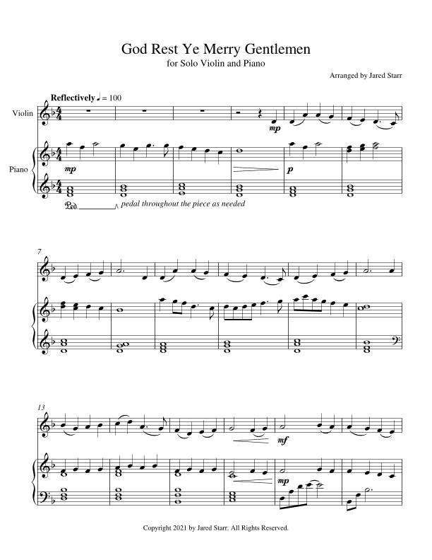 God Rest Ye Merry Gentlemen for Violin and Piano (arr. Jared Starr)
