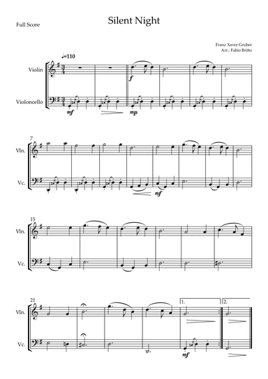 Silent Night (Christmas Song) for Violin & Cello Duo (arr. Fabio Britto)