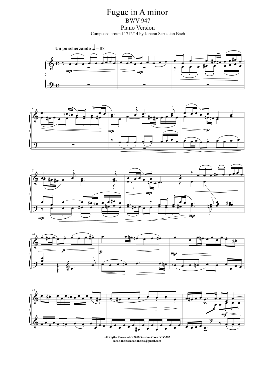Bach - Fugue in A minor BWV 947 - Piano version (arr. Santino Cara)