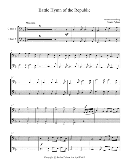 Battle Hymn of the Republic (bass C instrument duet, parts only) (arr. Sandra Zylstra)