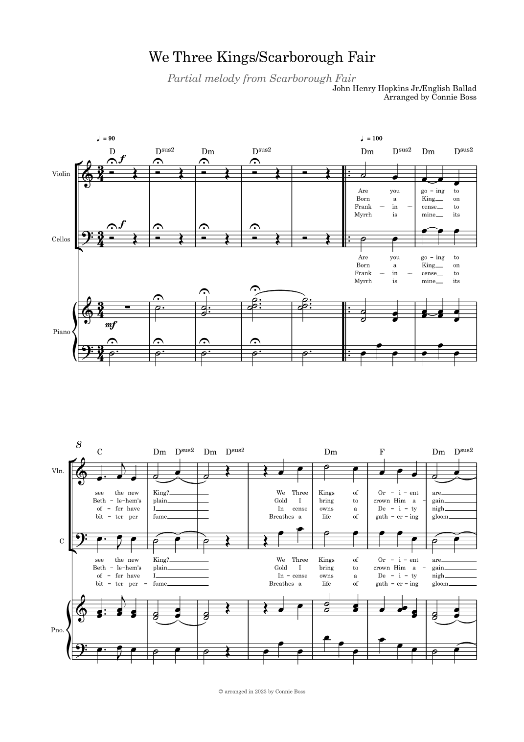 We Three Kings/Scarborough Fair combo violin and cello duet, and piano (arr. Connie Boss)