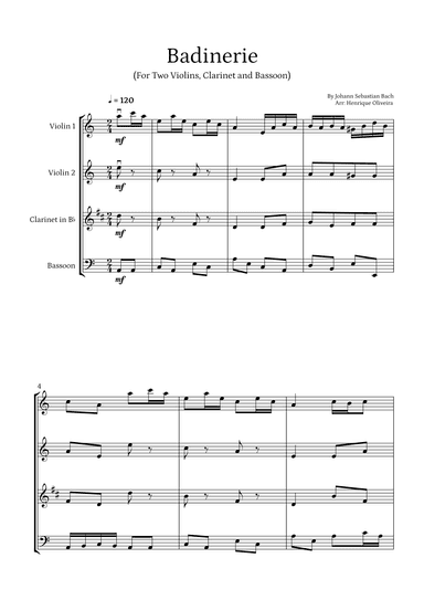 Badinerie by J. S. Bach (For Two Violins, Clarinet and Bassoon) (arr. Henrique Oliveira)