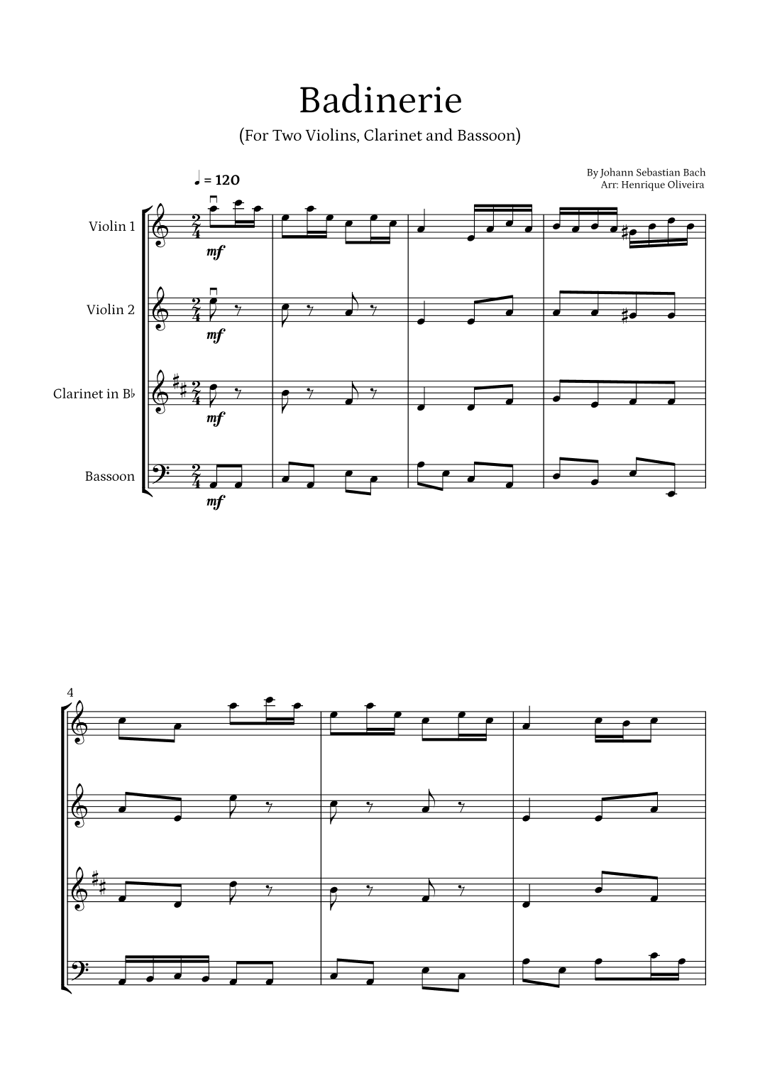 Badinerie by J. S. Bach (For Two Violins, Clarinet and Bassoon) (arr. Henrique Oliveira)