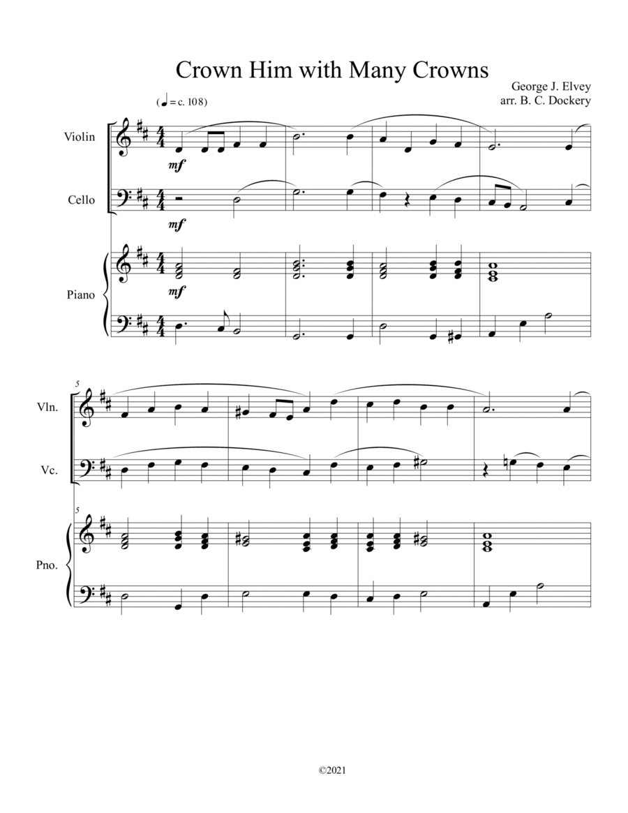 Crown Him with Many Crowns (violin and cello duet) with optional piano accompaniment (arr. B. C. Dockery)