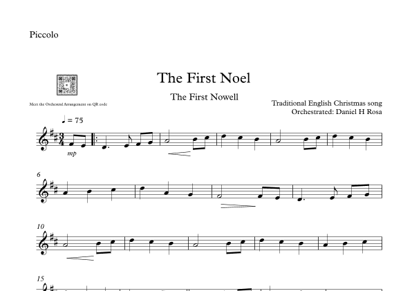 The First Noel - The First Nowell - Easy Christmas Carol - Piccolo (arr. Daniel H Rosa)