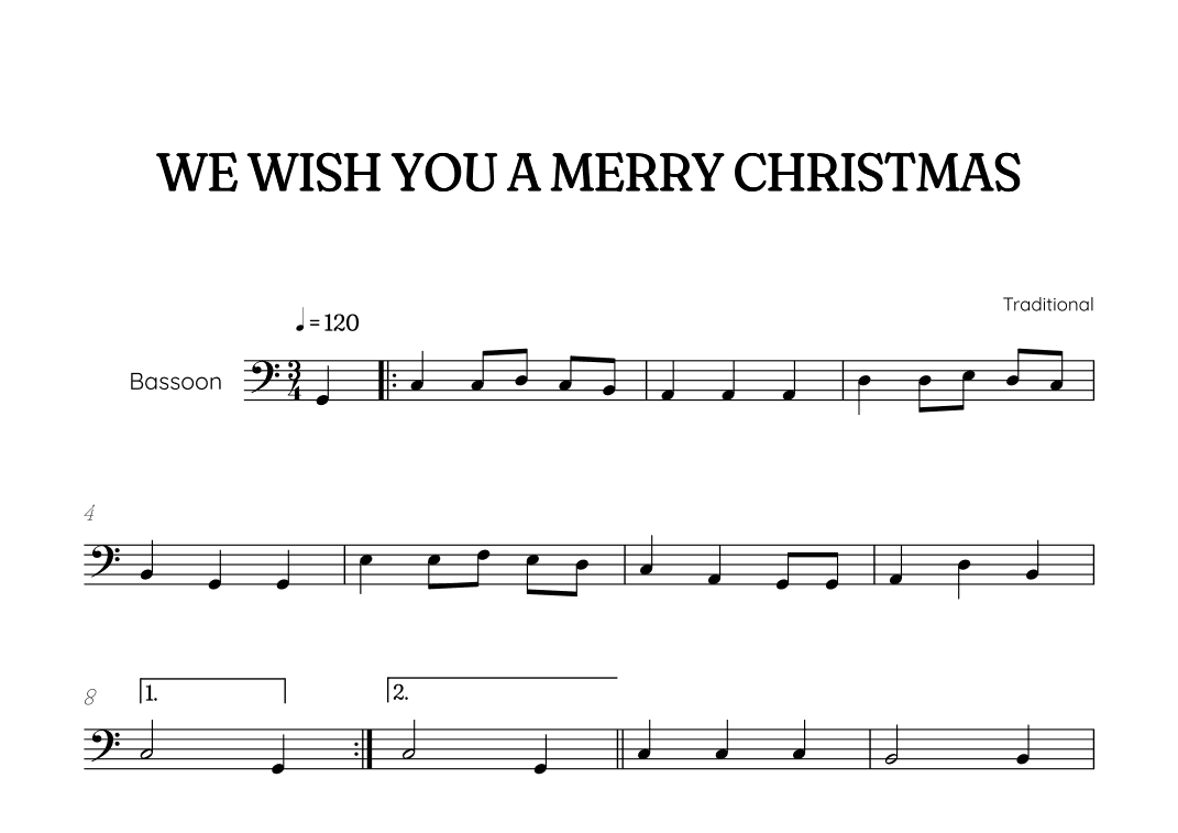 We Wish You a Merry Christmas for bassoon • easy Christmas sheet music (arr. Benzaiten Editions)
