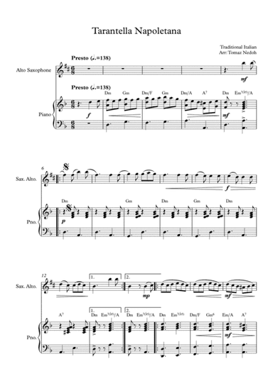 Tarantella Napoletana for Alto Saxophone and Piano (arr. Tomaz Nedoh)