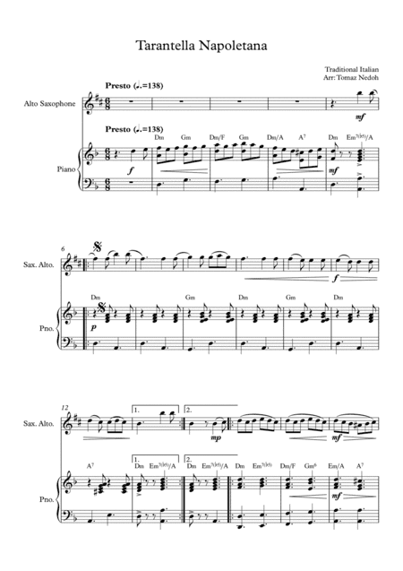 Tarantella Napoletana for Alto Saxophone and Piano (arr. Tomaz Nedoh)