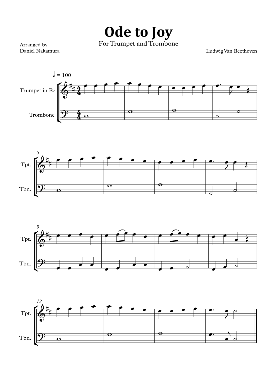 Ode to Joy (Easy Trumpet and Trombone) (arr. Daniel Nakamura)