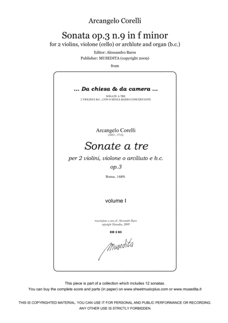 Corelli, Sonata op.3 n.9 in f minor (arr. Alessandro Bares)
