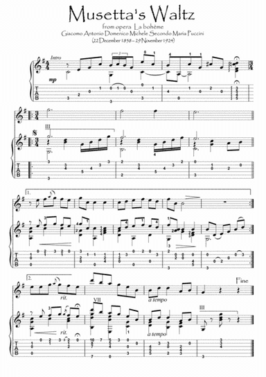 Musetta Waltz Violin guitar duet (arr. PianoSheetNow)
