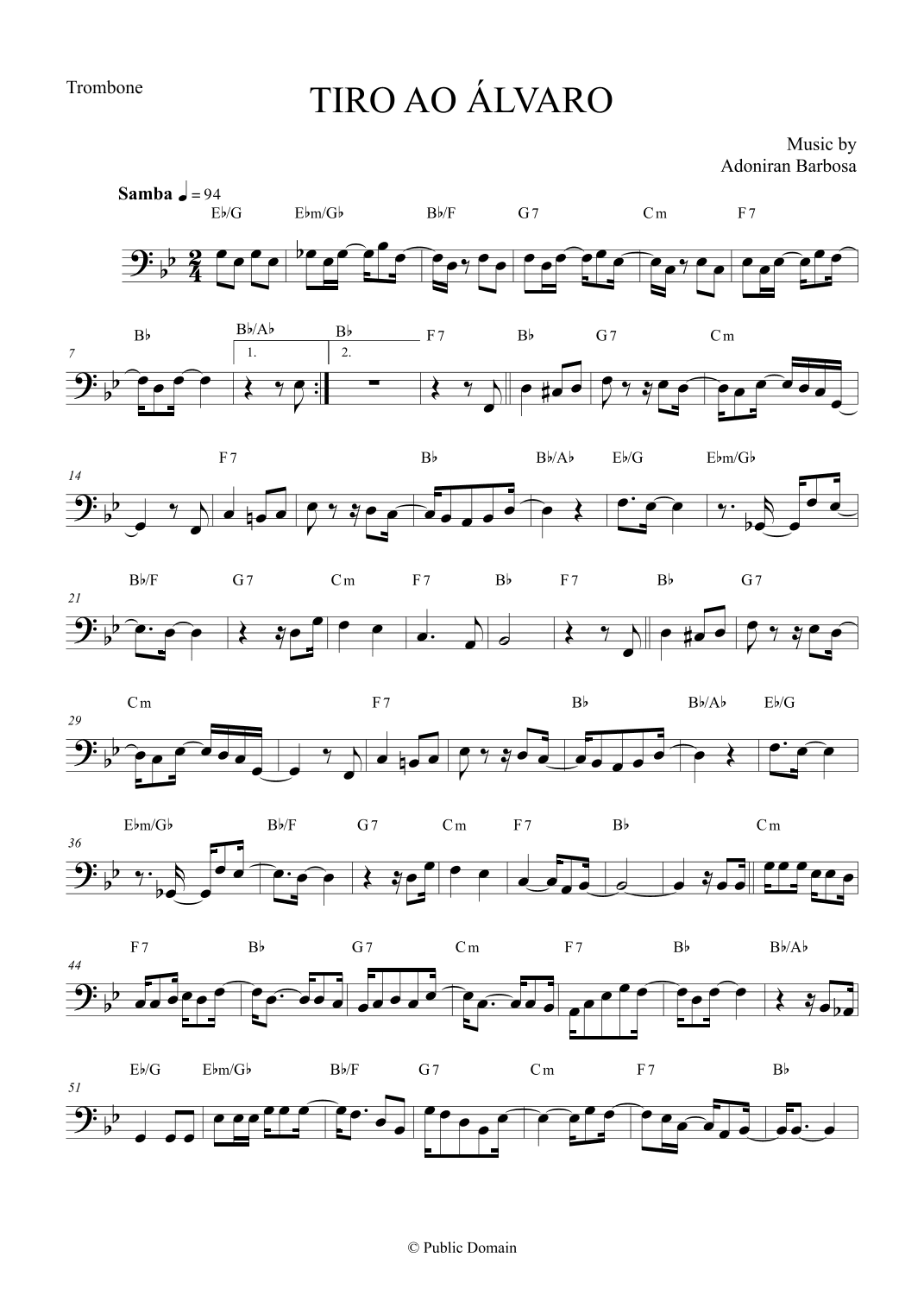 Tiro ao Álvaro by Adoniran Barbosa - Trombone (arr. The Sheet Music Library)