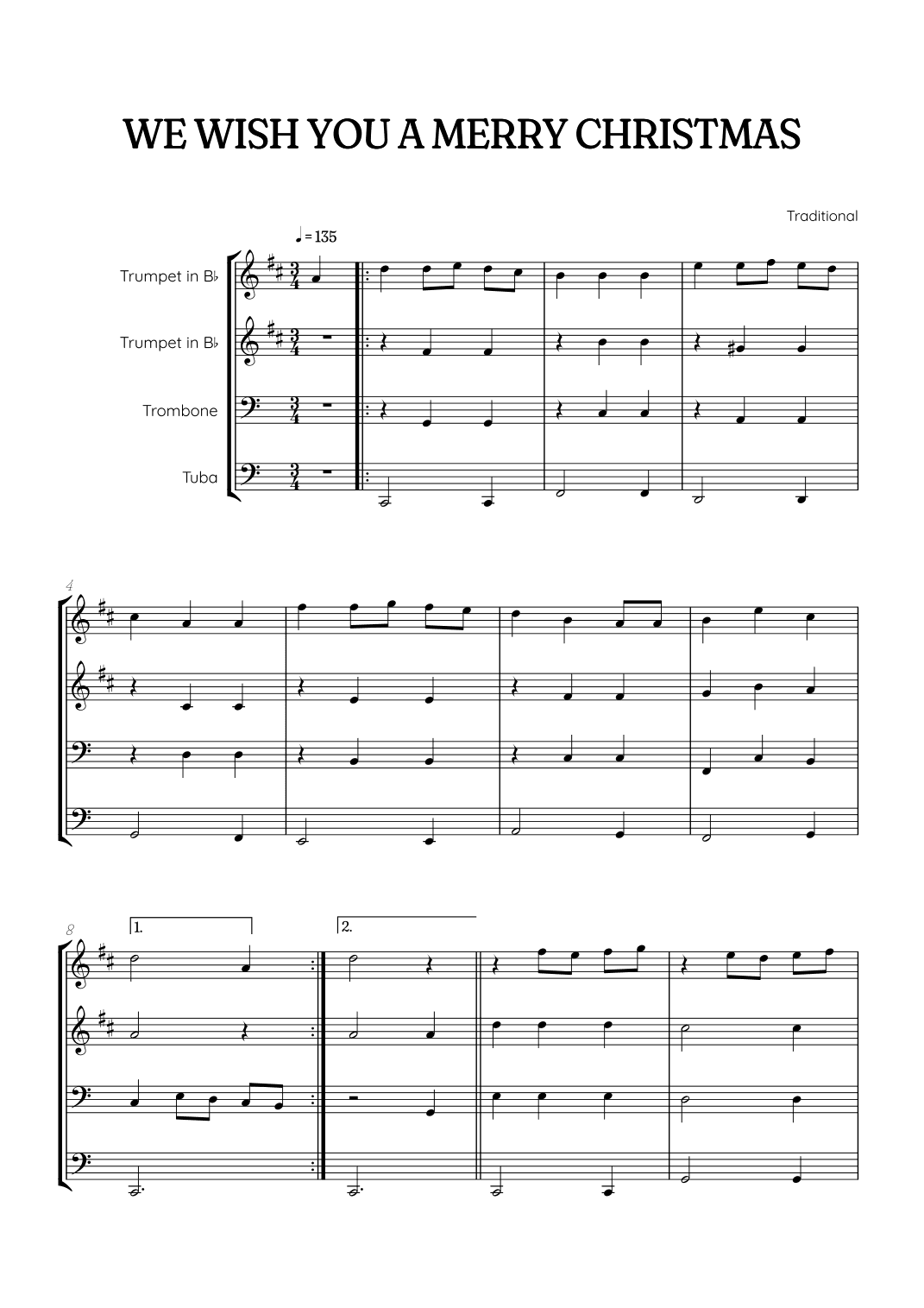 We Wish You a Merry Christmas for Brass Quartet • easy Christmas sheet music (arr. Benzaiten Editions)