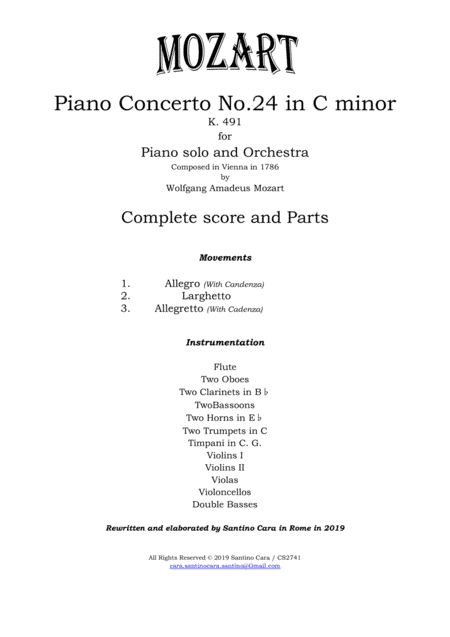 Mozart - Piano Concerto No.24 in C minor K 491 for Piano and Orchestra - Score and Parts (arr. Santino Cara)