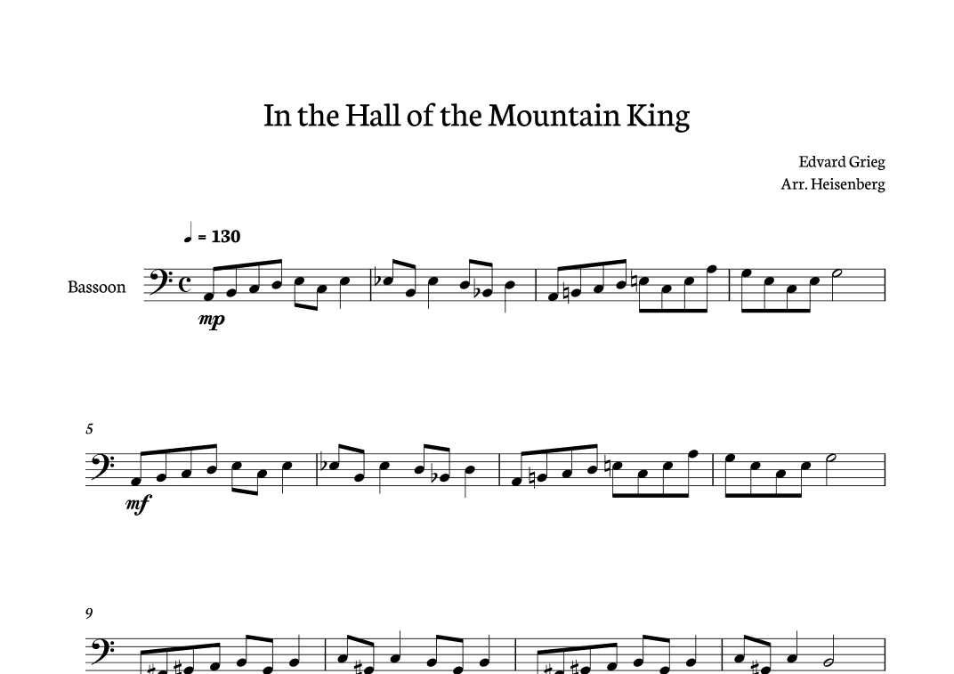 In The Hall of The Mountain King for Bassoon (arr. Heisenberg)