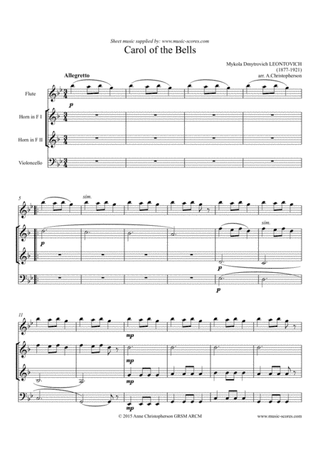 Carol of the Bells - Flute, 2 French Horns, Cello (arr. Anne L Christopherson GRSM ARCM)