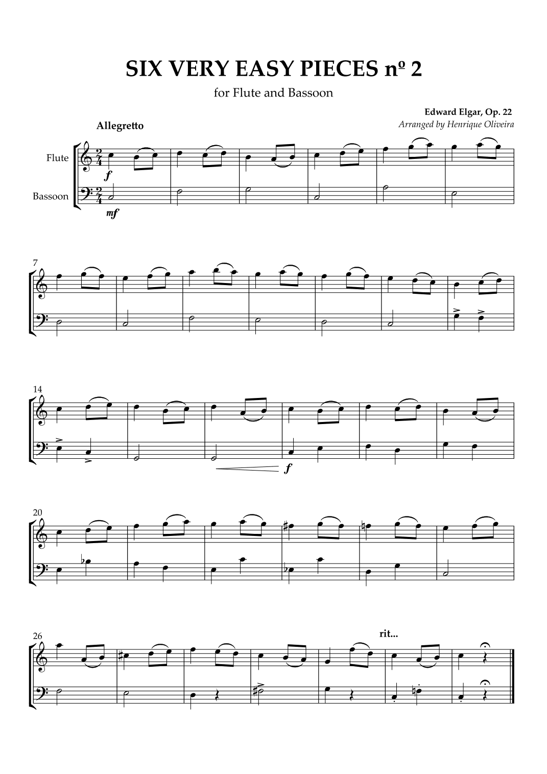 Six Very Easy Pieces nº 2 (Allegretto) - Flute and Bassoon (arr. Henrique Oliveira)