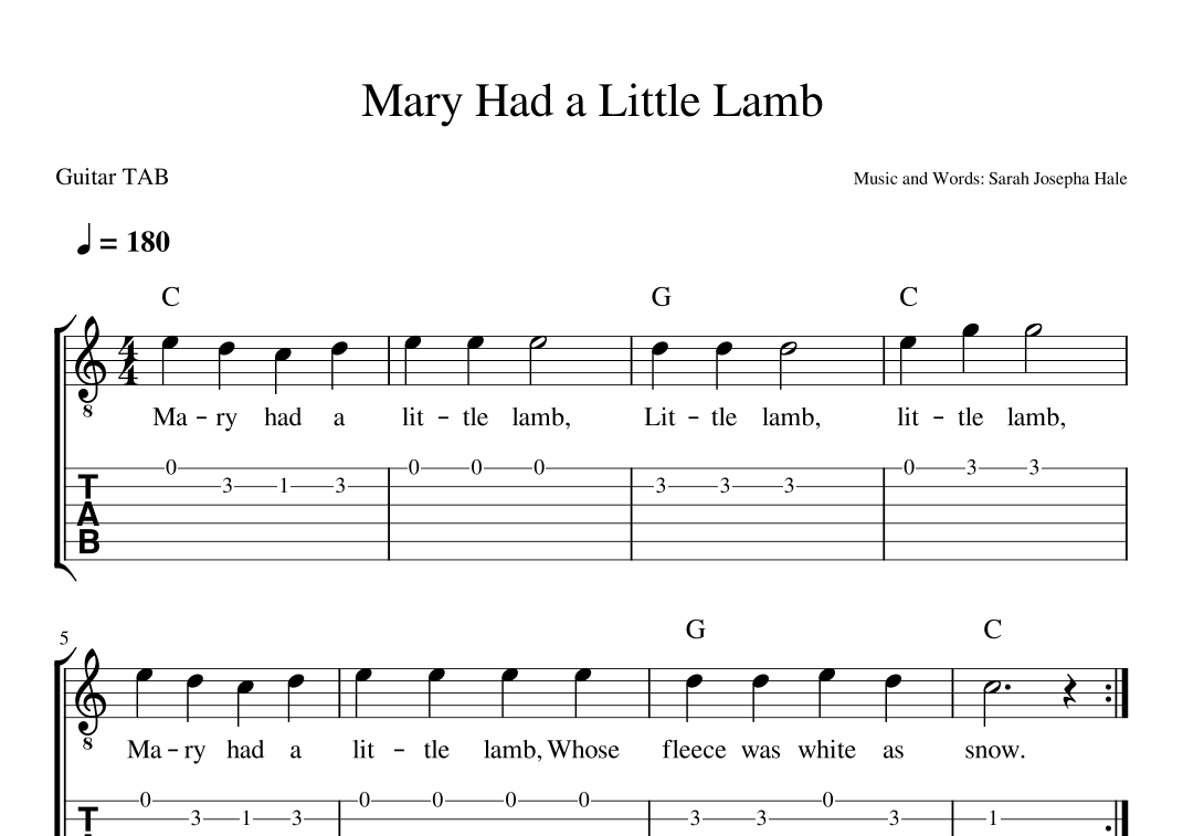 Mary Had a Little Lamb (GUITAR TAB) [Sarah Josepha Hale] (arr. Darek)