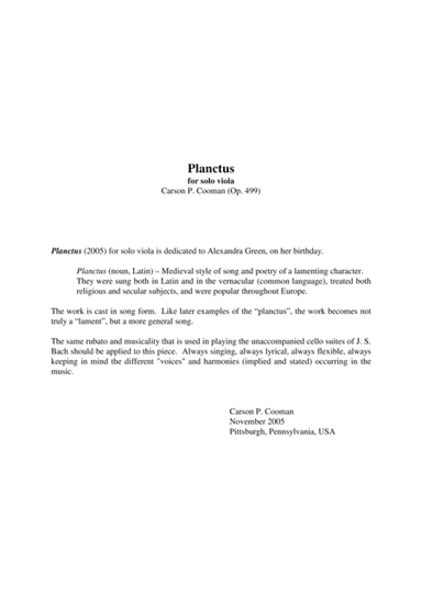 Carson Cooman: Planctus (2005) for solo viola