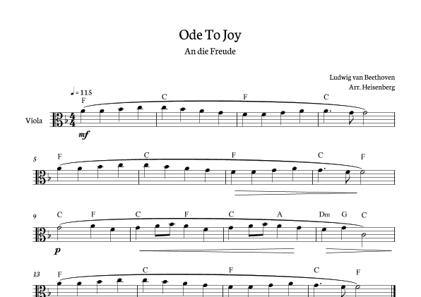 Beethoven - Ode To Joy for Viola with chords in F major (arr. Heisenberg)