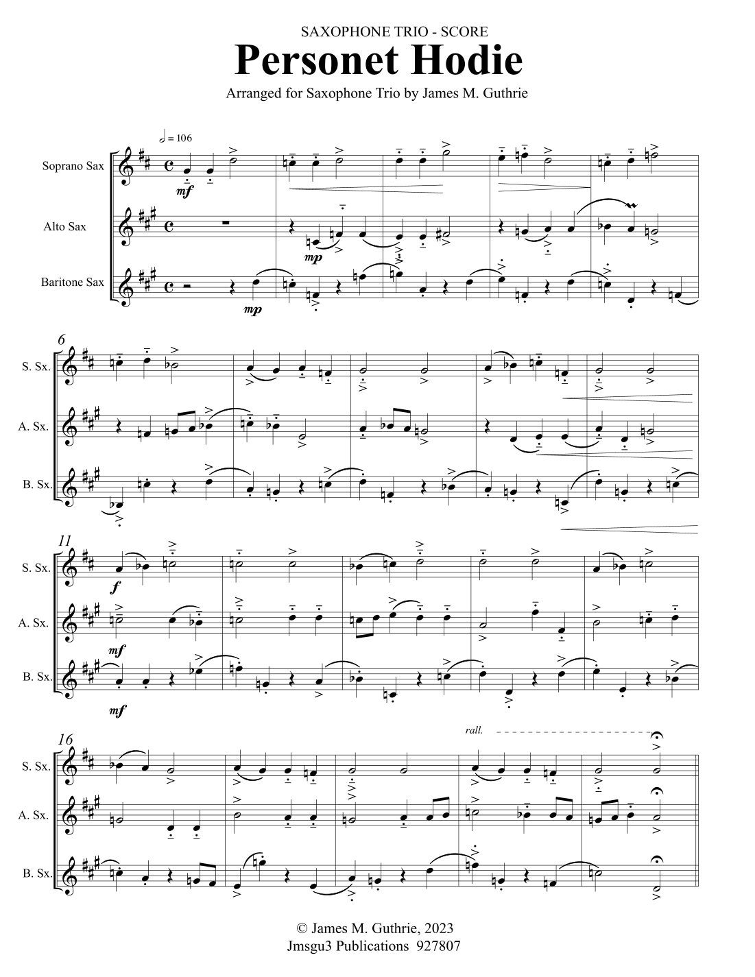 Personet Hodie for Saxophone Trio (arr. James M. Guthrie)