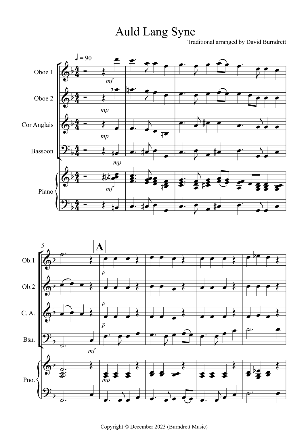 Auld Lang Syne for Double Reed Quartet (arr. David Burndrett)