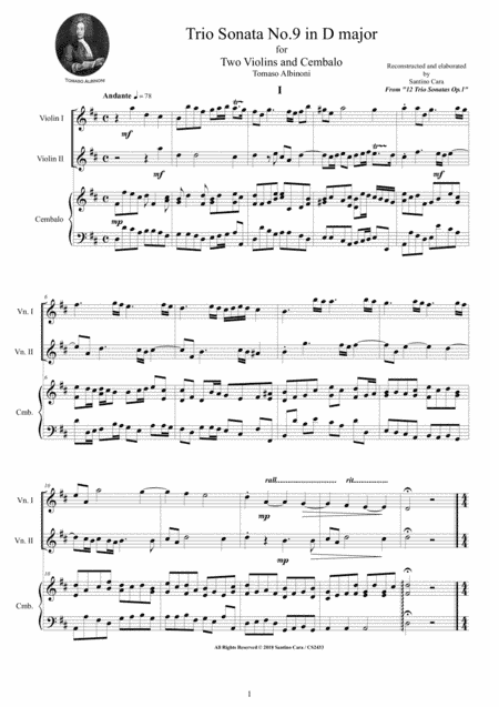 Albinoni - Trio Sonata No.9 in D major Op.1 for Two Violins and Cembalo or Piano (arr. Santino Cara)