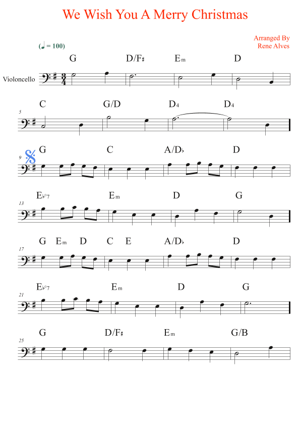 We Wish You A Merry Christmas, sheet music and cello melody for the beginning musician (easy). (arr. Rene Alves)