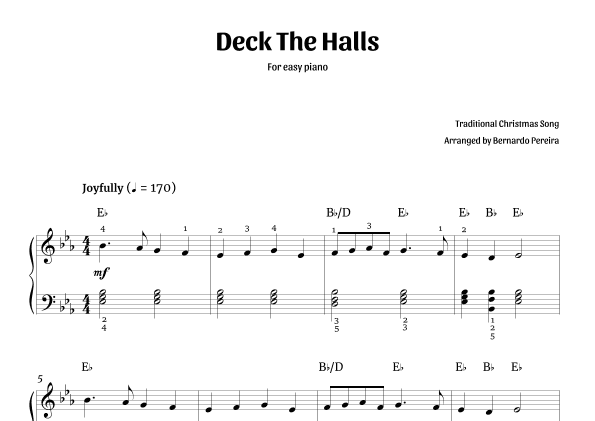 Deck The Halls (easy piano in E? major – with chords) (arr. Bernardo Pereira)