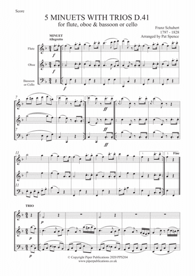SCHUBERT 5 MINUETS WITH TRIOS D.41 FOR FLUTE, OBOE & BASSOON OR CELLO (arr. Pat Spence)