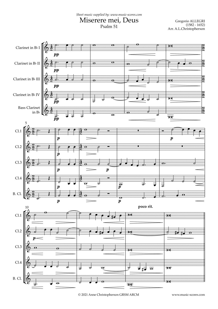 Miserere mei, Deus - Clarinet quintet (arr. Anne L Christopherson GRSM ARCM)