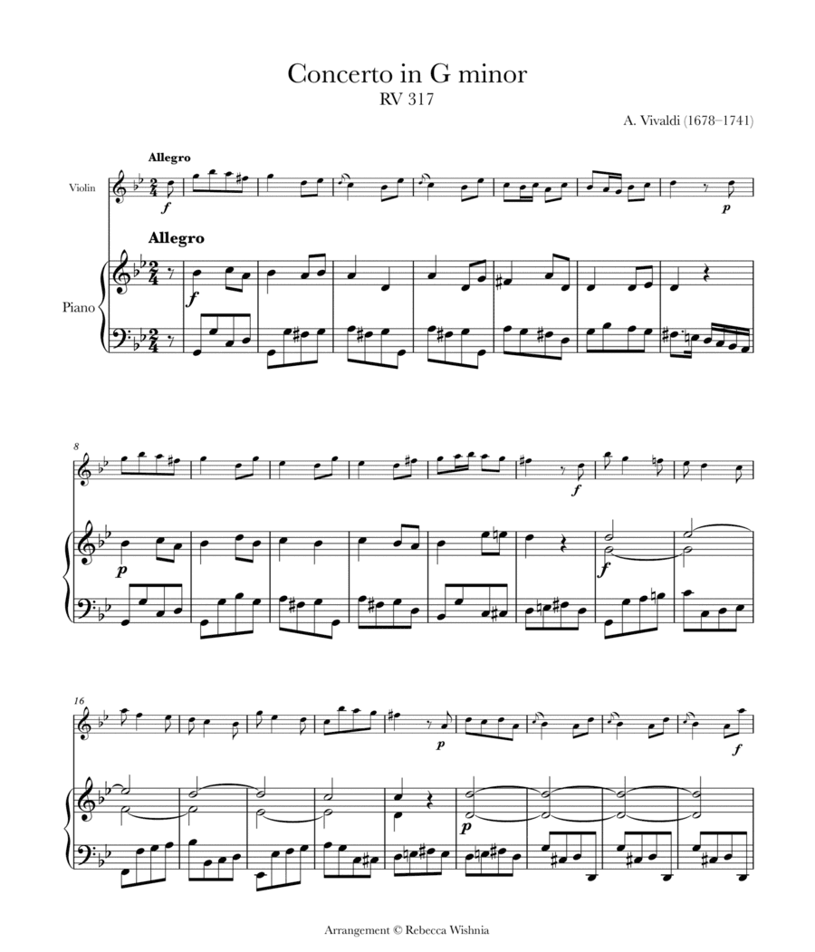 Violin Concerto in G Minor, RV 317/Op. 12 No. 1 (arr. Rebecca Wishnia)