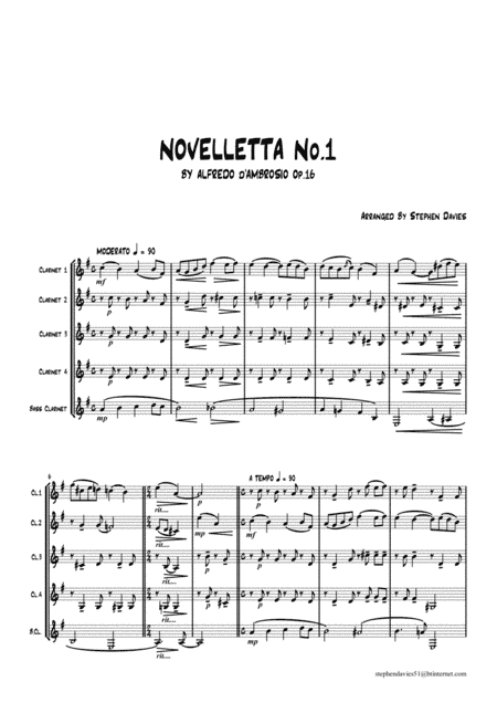 'Novelletta No.1' By Alfredo d'Ambrosio for Clarinet Quintet (arr. Stephen Davies)
