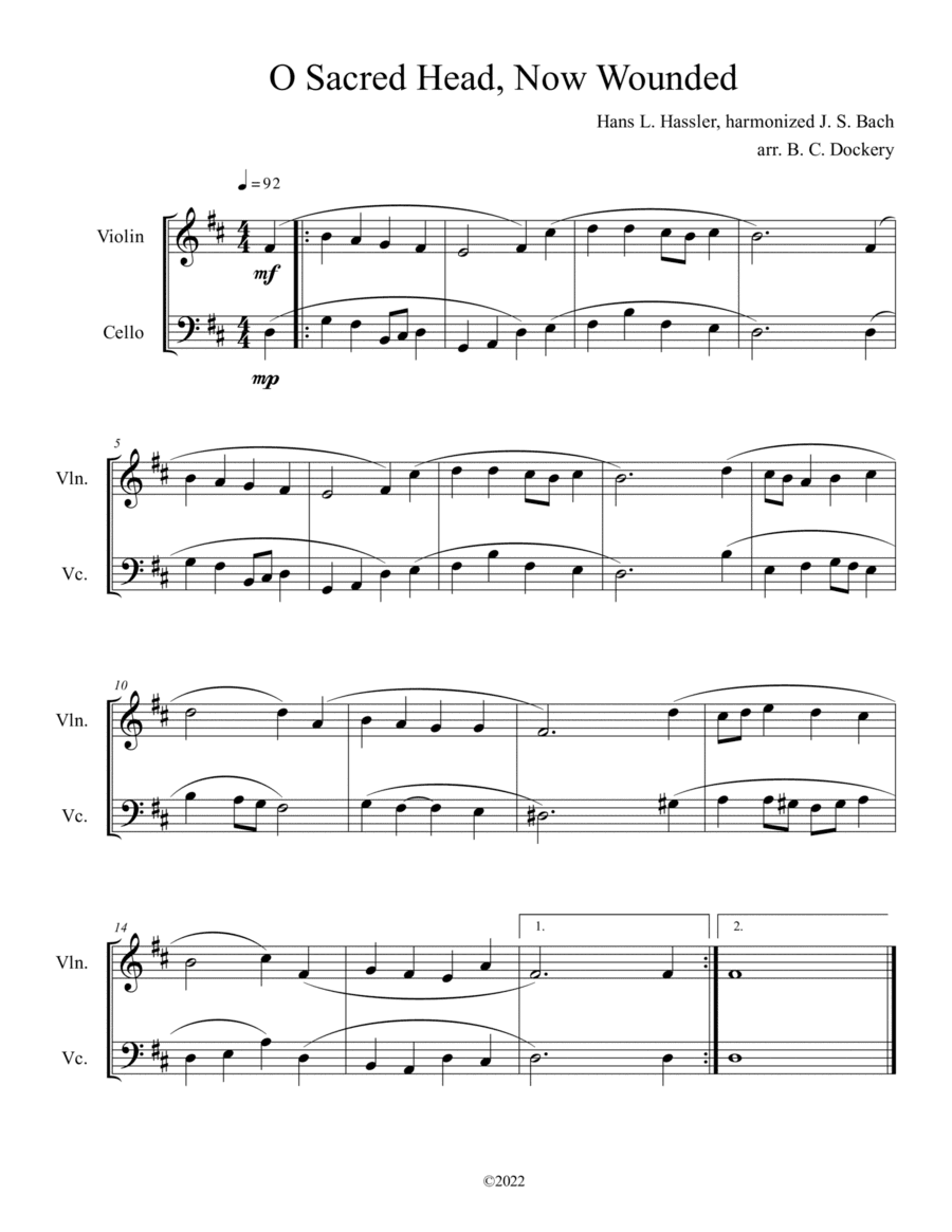 O Sacred Head, Now Wounded (Violin and Cello Duet) (arr. B. C. Dockery)