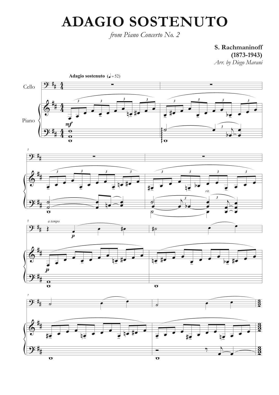 Adagio Sostenuto from "Piano Concerto No. 2" for Cello and Piano (arr. Diego Marani)