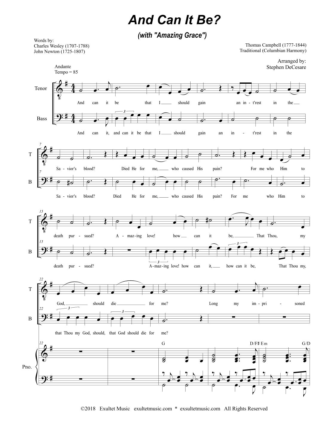 And Can It Be? (with "Amazing Grace") (Duet for Tenor and Bass solo) (arr. Stephen DeCesare)
