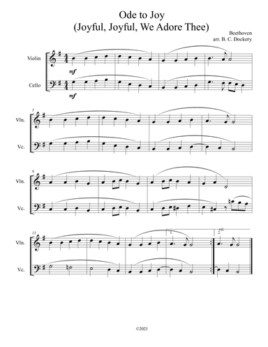 Ode to Joy (Joyful, Joyful, We Adore Thee) for violin and cello duet (arr. B. C. Dockery)