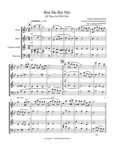 Bist Du Bei Mir (Bb) (Woodwind Quartet - 1 Flute, 1 Oboe, 1 Clar, 1 Bassoon) (arr. Regis Bookshar)