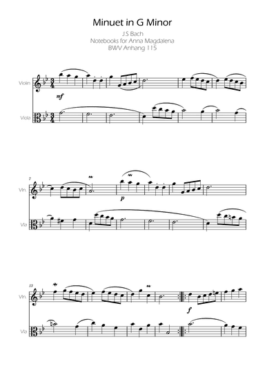 Minuet in G minor BWV Anh. 115 - Bach - Violin and Viola (arr. Ygor Nunes)