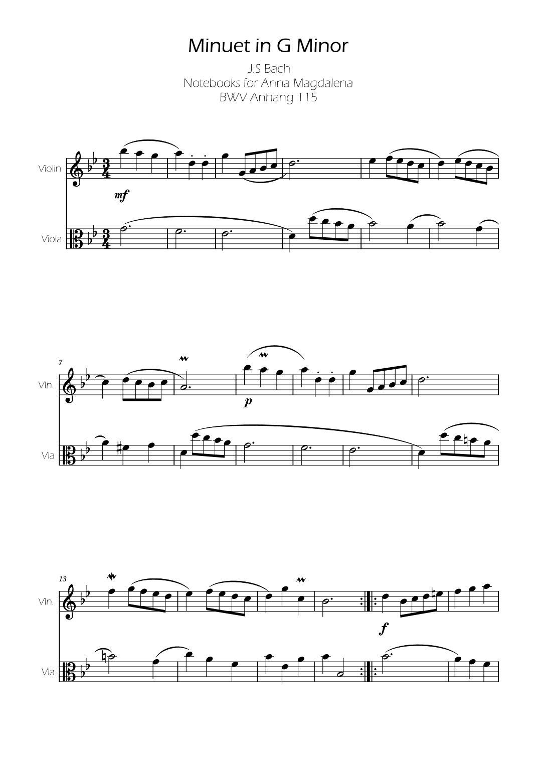 Minuet in G minor BWV Anh. 115 - Bach - Violin and Viola (arr. Ygor Nunes)