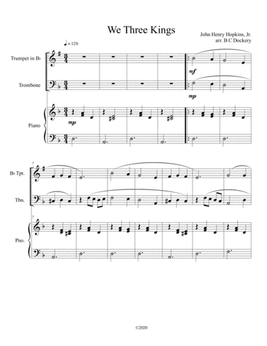We Three Kings (trumpet and trombone duet) with optional piano accompaniment (arr. B C Dockery)